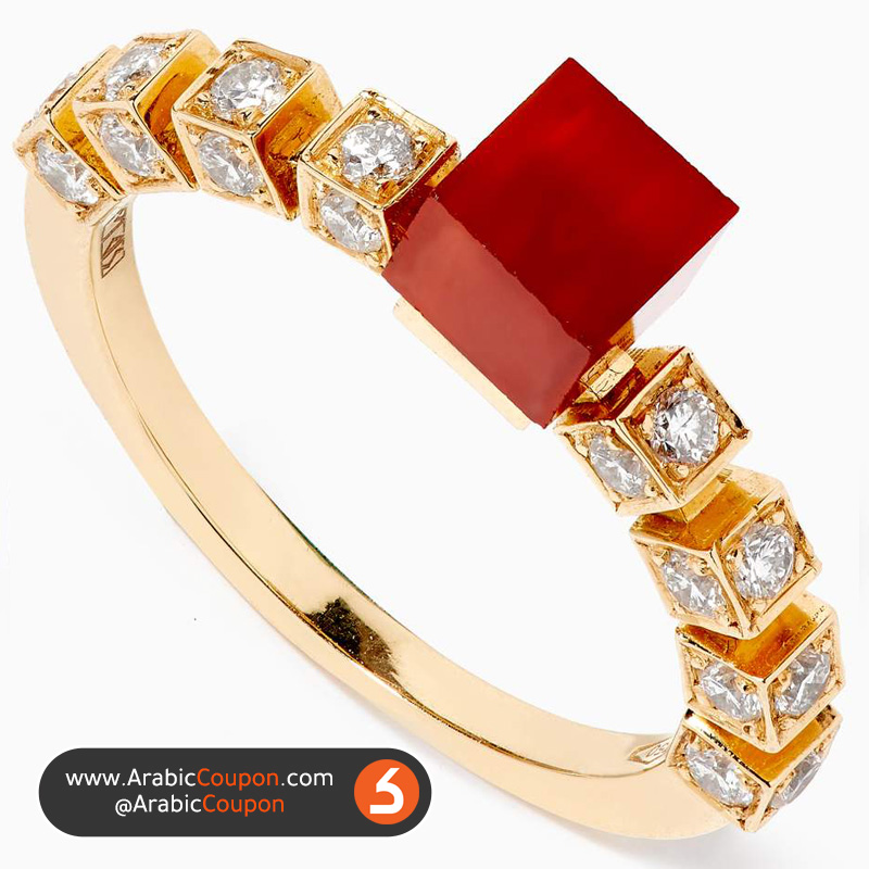 MKS ring studded with a red agate cube and a diamond - 